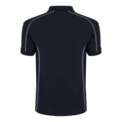 Back of Orn Workwear Crane Poloshirt with button up collar in navy with contrast grey stitching and a white line down the placket.