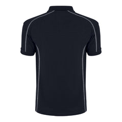 Back of Orn Workwear Crane Poloshirt with button up collar in navy with contrast grey stitching and a white line down the placket.