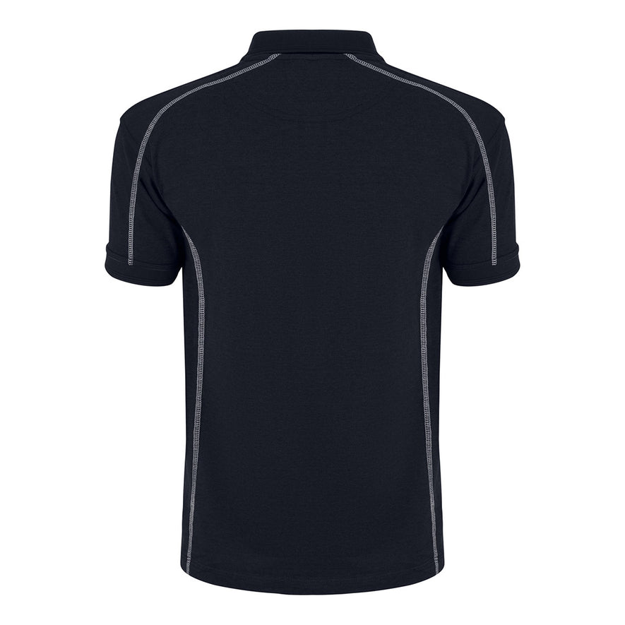 Back of Orn Workwear Crane Poloshirt with button up collar in navy with contrast grey stitching and a white line down the placket.