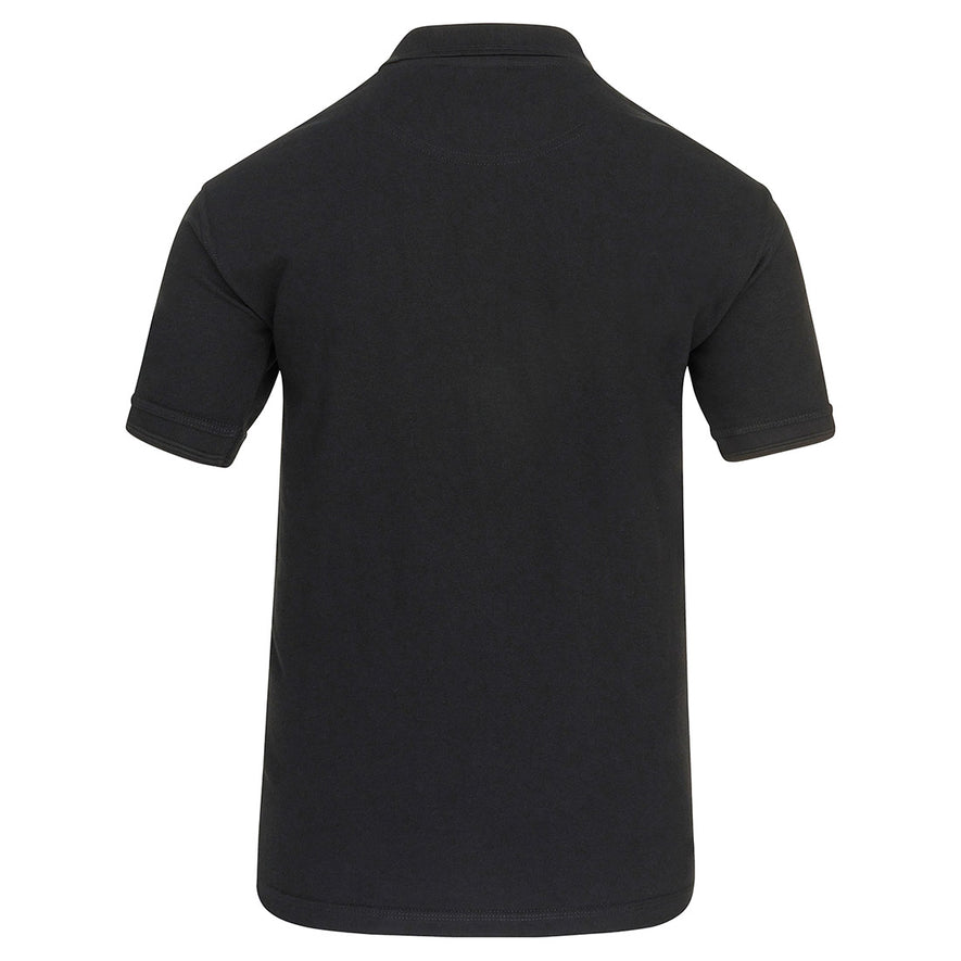 Back of Orn Workwear Eagle Poloshirt with button up collar in black.