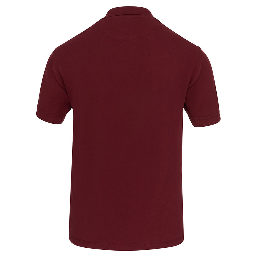 Back of Orn Workwear Eagle Poloshirt with button up collar in burgundy.