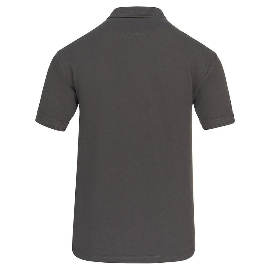 Back of Orn Workwear Eagle Poloshirt with button up collar in graphite.