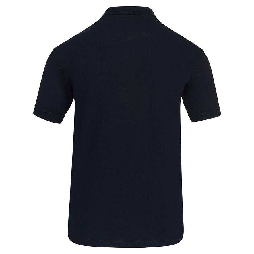 Back of Orn Workwear Eagle Poloshirt with button up collar in navy.