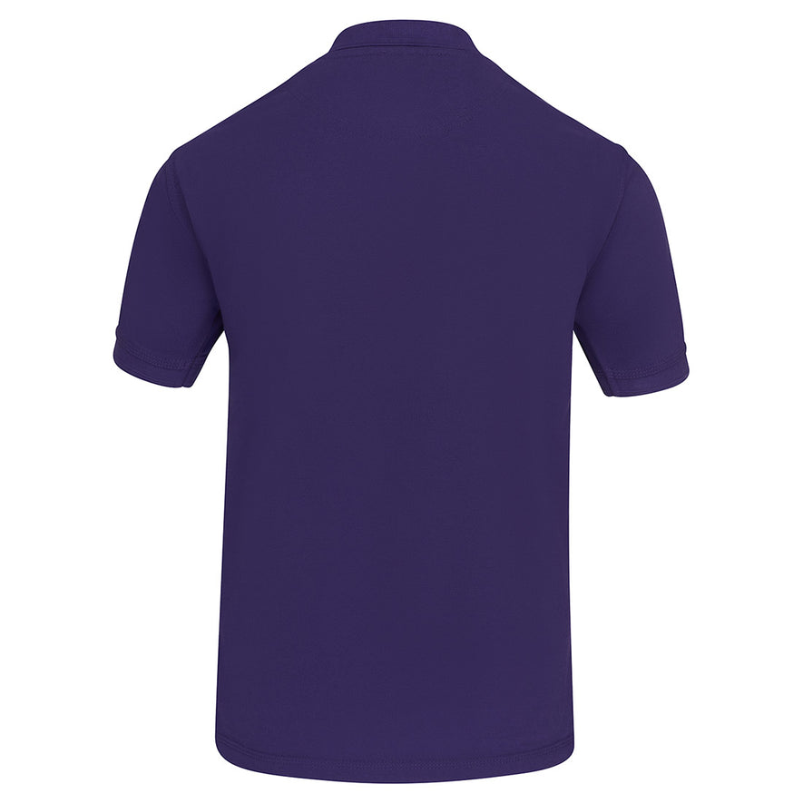 Back of Orn Workwear Eagle Poloshirt with button up collar in purple.