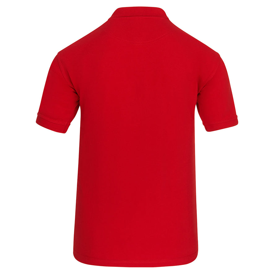 Back of Orn Workwear Eagle Poloshirt with button up collar in red.