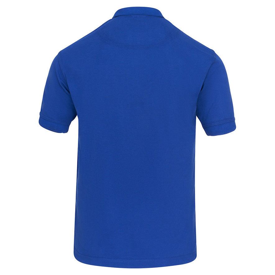 Back of Orn Workwear Eagle Poloshirt with button up collar in royal blue.