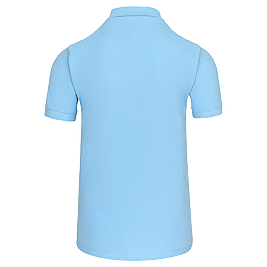 Back of Orn Workwear Eagle Poloshirt with button up collar in sky blue.