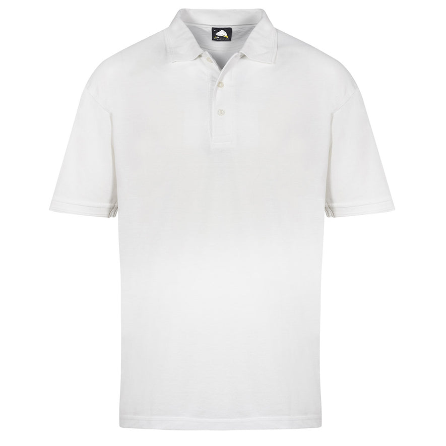Orn Workwear Eagle Poloshirt with button up collar in white.