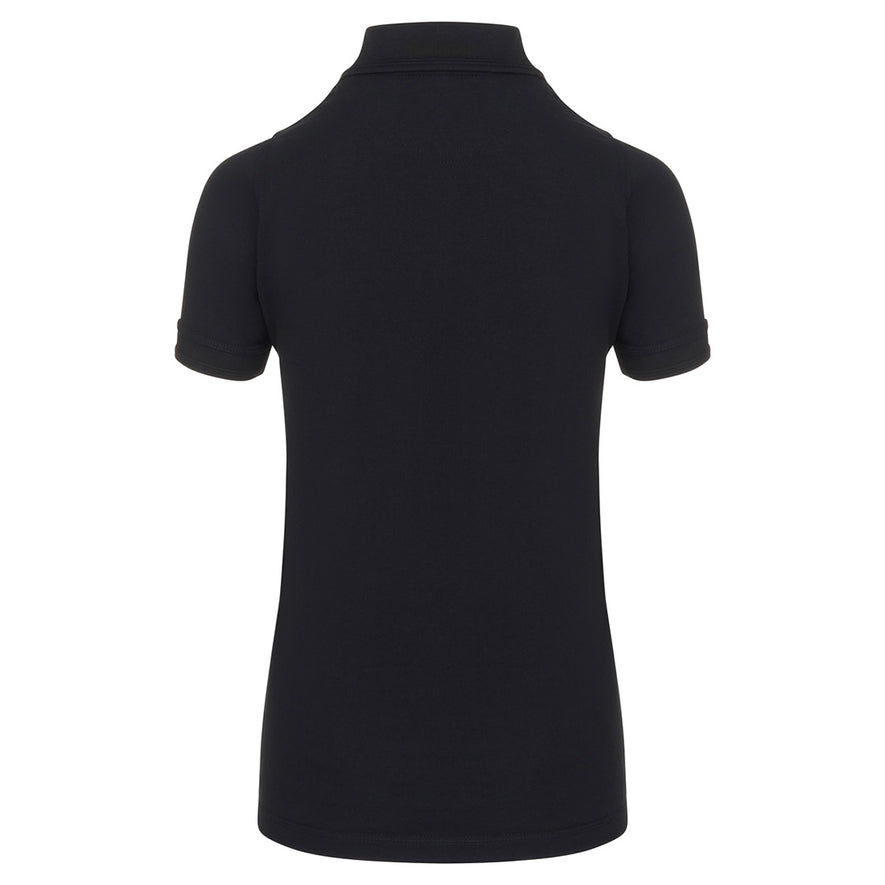Back Of Orn Workwear Wren Ladies Poloshirt with button up collar in black.