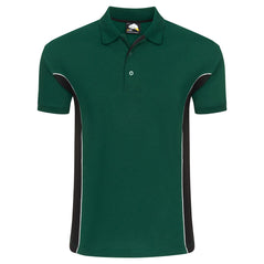 Orn Workwear Silverswift Poloshirt with button up collar in bottle green with black contrast and white piping on the sides of the shirt.