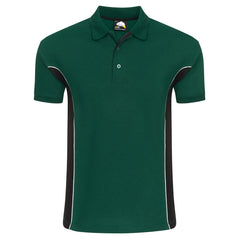 Orn Workwear Silverswift Poloshirt with button up collar in bottle green with black contrast and white piping on the sides of the shirt.