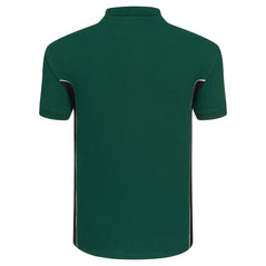 Back of Orn Workwear Silverswift Poloshirt with button up collar in bottle green with black contrast and white piping on the sides of the shirt.