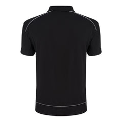 Back of Orn Workwear Fireback Wicking Poloshirt with zip collar in black with white piping for contrast.