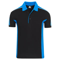Orn Workwear Avocet Poloshirt with button up collar in black with reflex blue contrast on the collar, arms and sides of the shirt, with white piping.