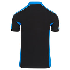 Back of Orn Workwear Avocet Poloshirt with button up collar in black with reflex blue contrast on the collar, arms and sides of the shirt, with white piping.