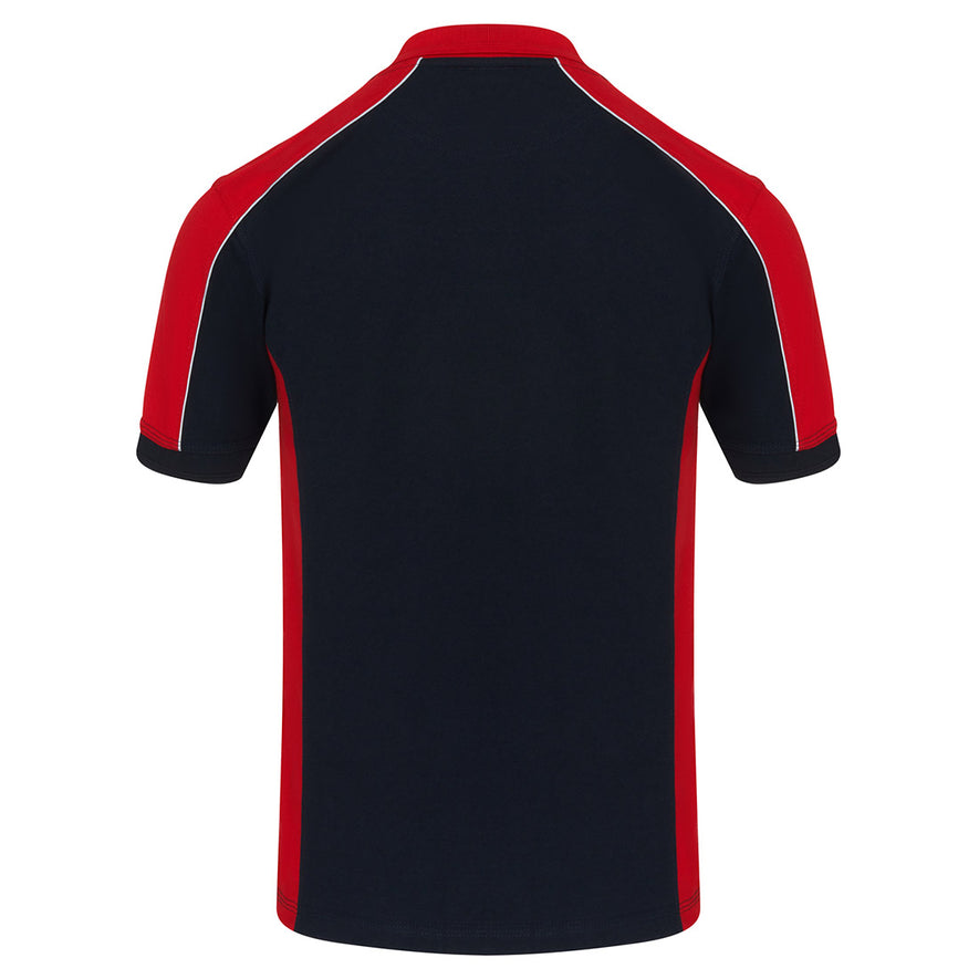 Back of Orn Workwear Avocet Poloshirt with button up collar in black with red contrast on the collar, arms and sides of the shirt, with white piping.