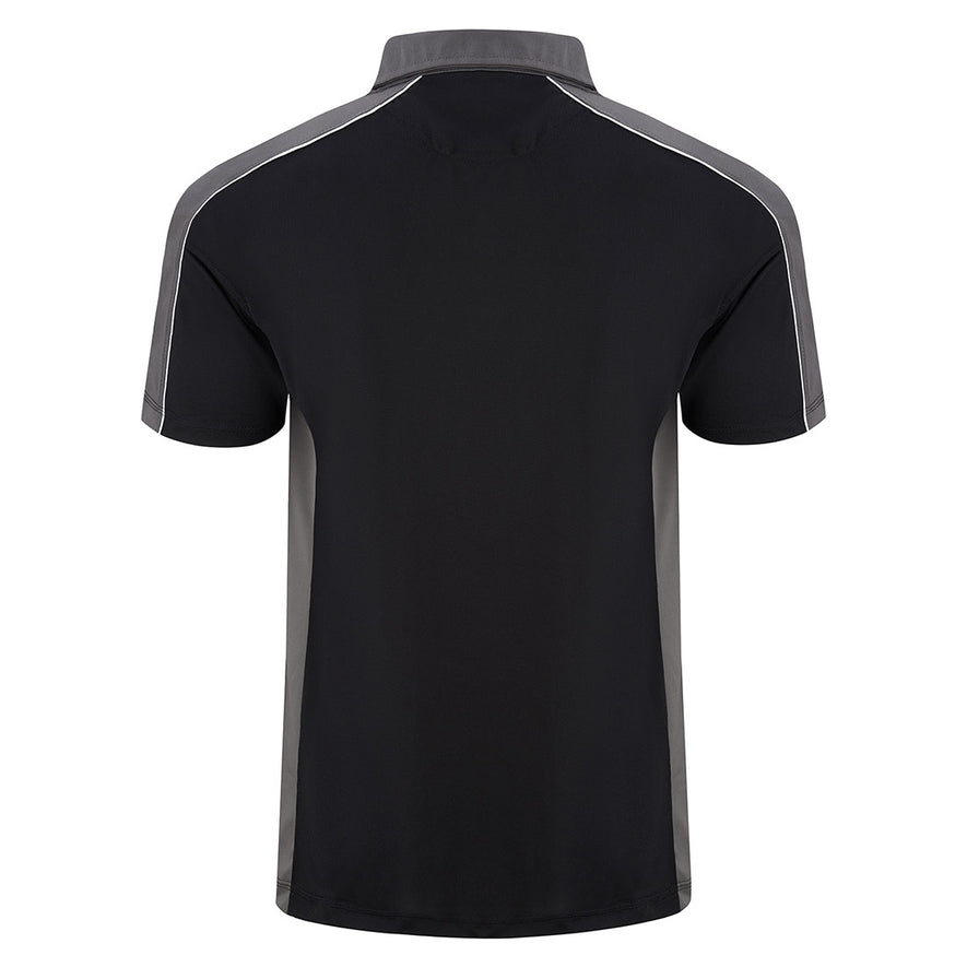Back of Orn Workwear Avocet Wicking Poloshirt with button up collar in black with graphite grey contrast on the collar, arms and sides of the shirt, with white piping.