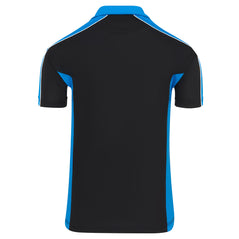 Back of Orn Workwear Avocet Wicking Poloshirt with button up collar in black with reflex blue contrast on the collar, arms and sides of the shirt, with white piping.