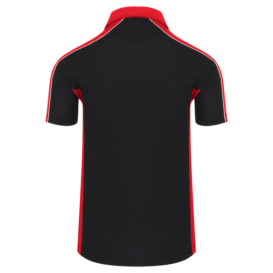 Back of Orn Workwear Avocet Wicking Poloshirt with button up collar in black with red contrast on the collar, arms and sides of the shirt, with white piping.