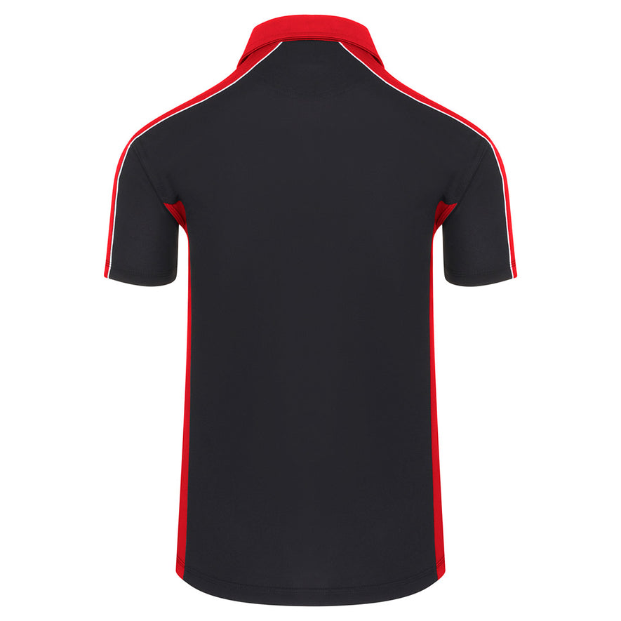 Back of Orn Workwear Avocet Wicking Poloshirt with button up collar in navy with red contrast on the collar, arms and sides of the shirt, with white piping.