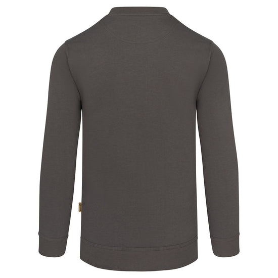 Back of Orn Workwear Kestrel EarthPro Sweatshirt with round neck collar in graphite grey.
