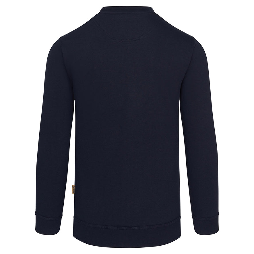 Back of Orn Workwear Kestrel EarthPro Sweatshirt with round neck collar in navy.