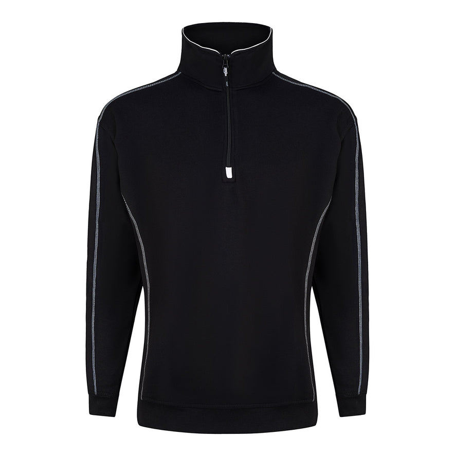 Orn Workwear Crane-1/4-Zip-Sweatshirt with zip neck collar in black with contrast grey stitching.