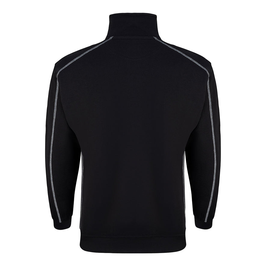 Back of Orn Workwear Crane-1/4-Zip-Sweatshirt with zip neck collar in black with contrast grey stitching.