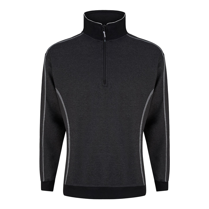 Orn Workwear Crane-1/4-Zip-Sweatshirt with zip neck collar in Charcoal Melange with contrast grey stitching.