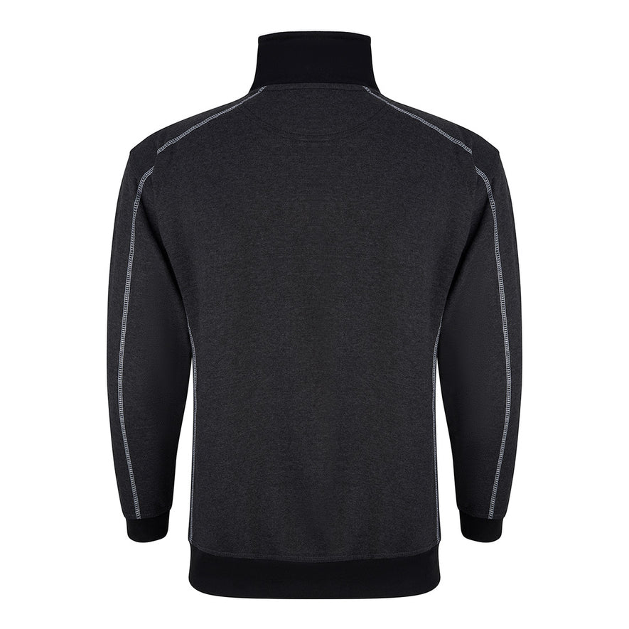 Back of Orn Workwear Crane-1/4-Zip-Sweatshirt with zip neck collar in charcoal melange with contrast grey stitching.
