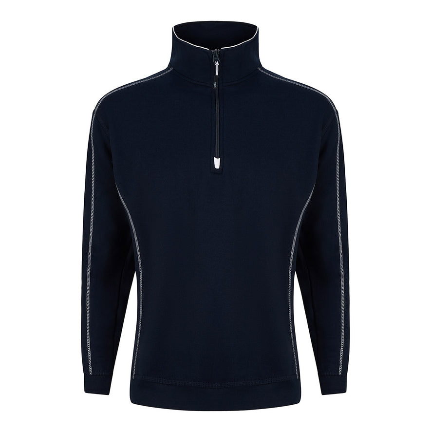 Orn Workwear Crane-1/4-Zip-Sweatshirt with zip neck collar in navy with contrast grey stitching.