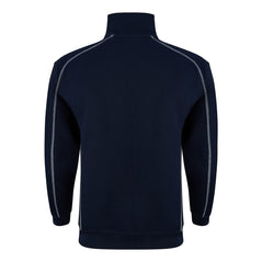 Back of Orn Workwear Crane-1/4-Zip-Sweatshirt with zip neck collar in navy with contrast grey stitching.