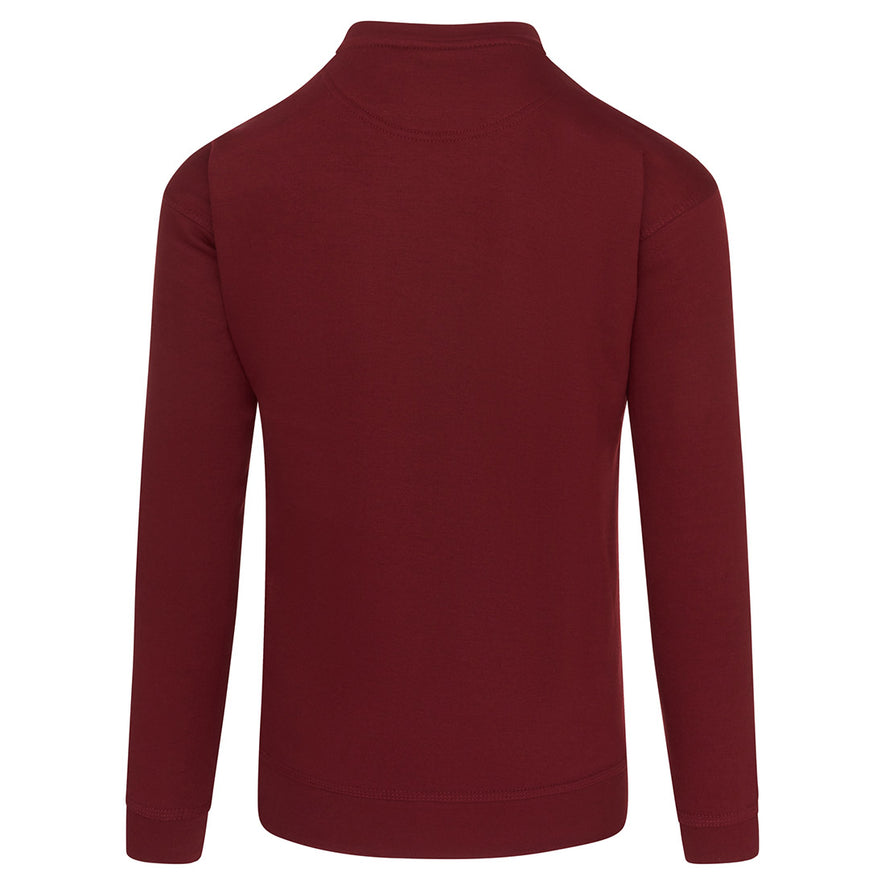 Back of Orn Workwear Kite Sweatshirt with round neck collar in burgundy.