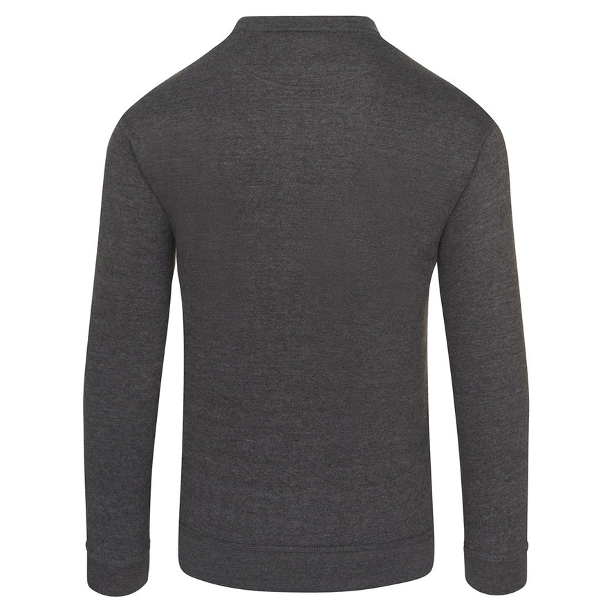 Back of Orn Workwear Kite Sweatshirt with round neck collar in charcoal.