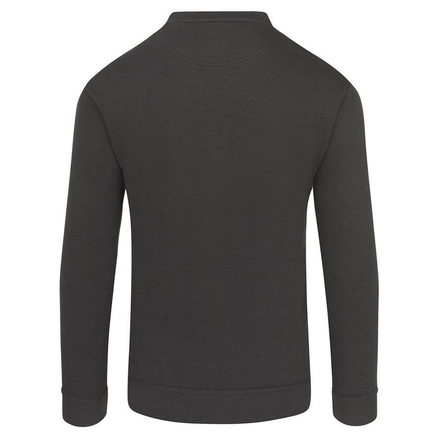 Back of Orn Workwear Kite Sweatshirt with round neck collar in graphite.