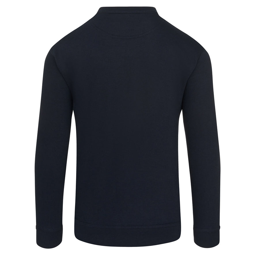 Back of Orn Workwear Kite Sweatshirt with round neck collar in navy.