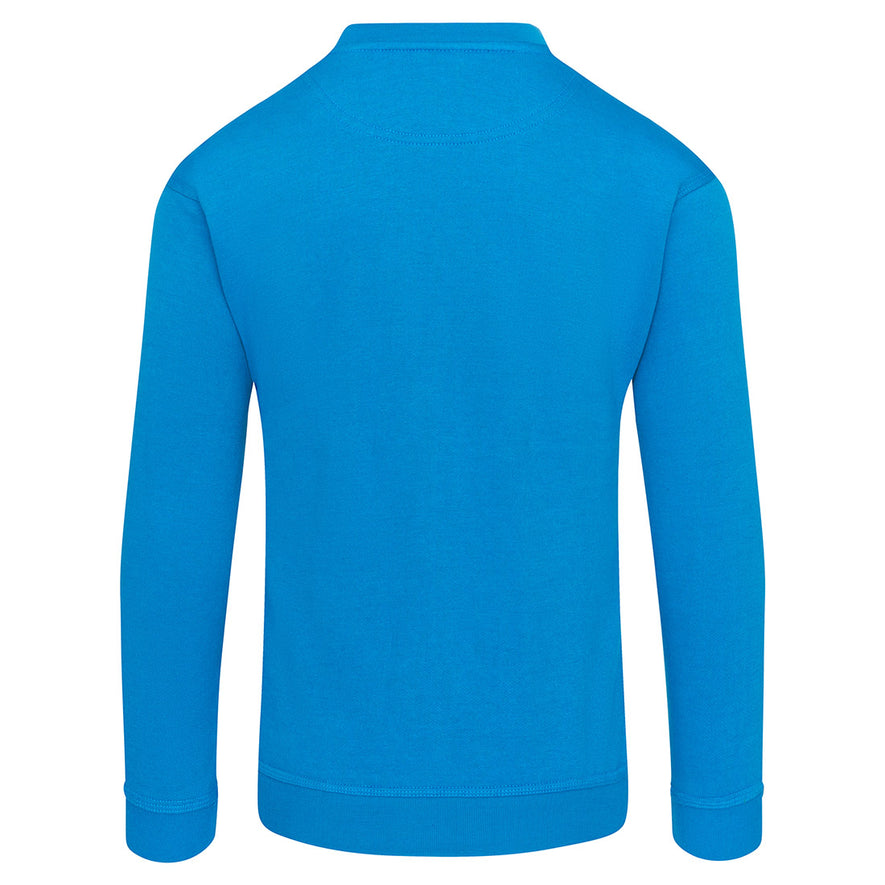 Back of Orn Workwear Kite Sweatshirt with round neck collar in reflex blue.