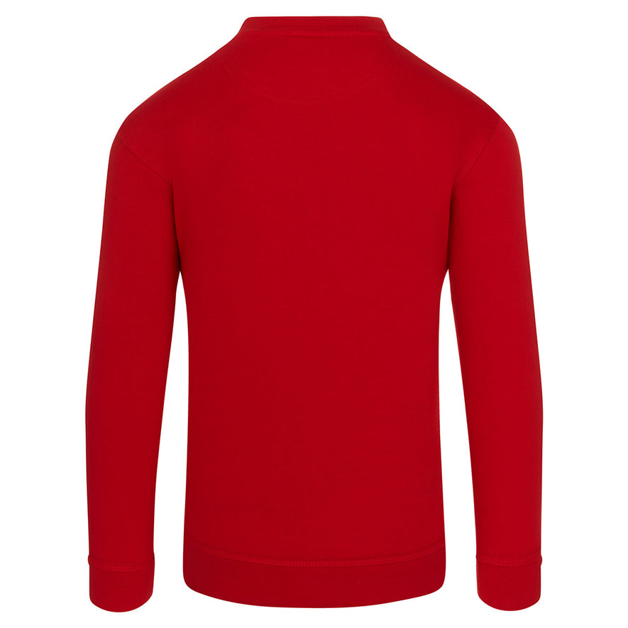 Back of Orn Workwear Kite Sweatshirt with round neck collar in red.