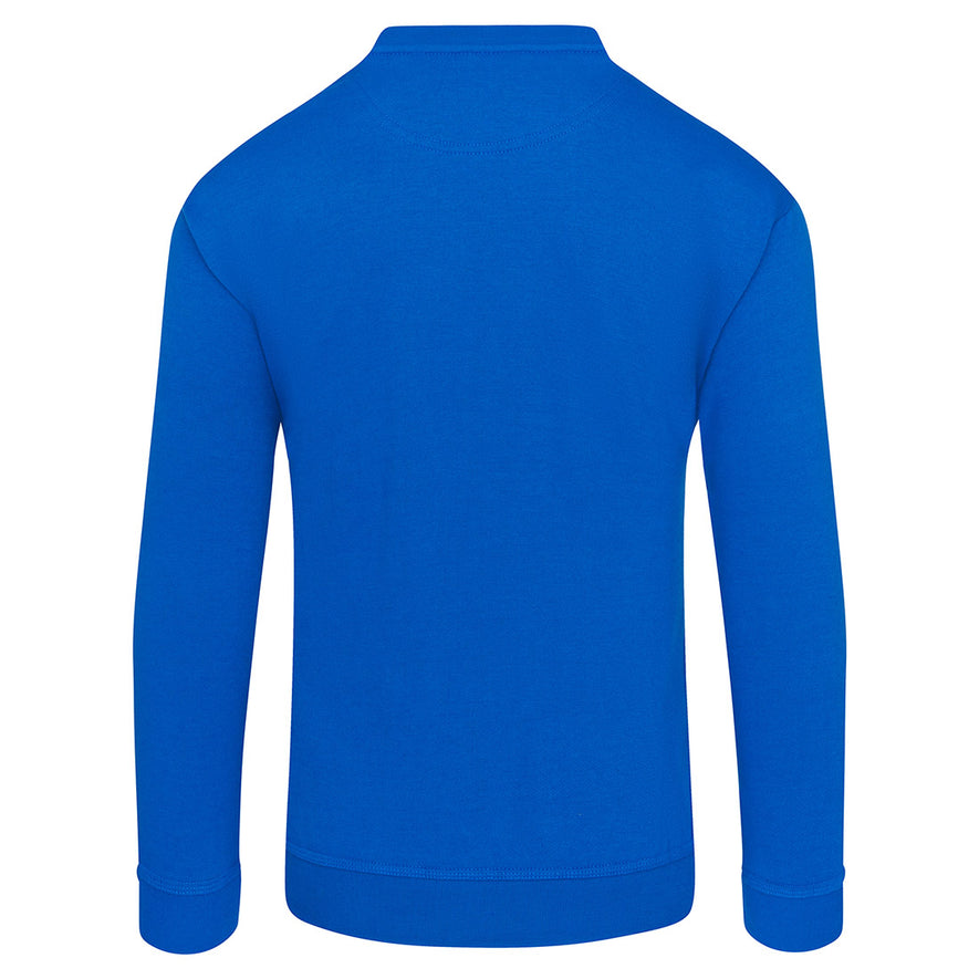 Back of Orn Workwear Kite Sweatshirt with round neck collar in royal blue.