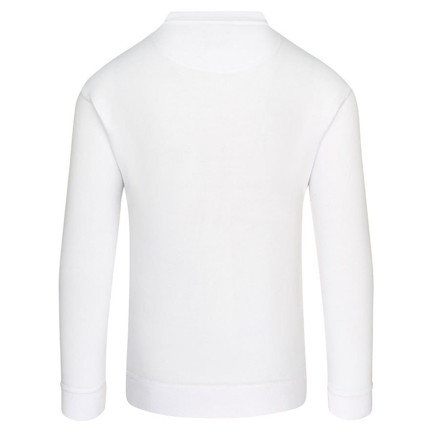 Back of Orn Workwear Kite Sweatshirt with round neck collar in white.