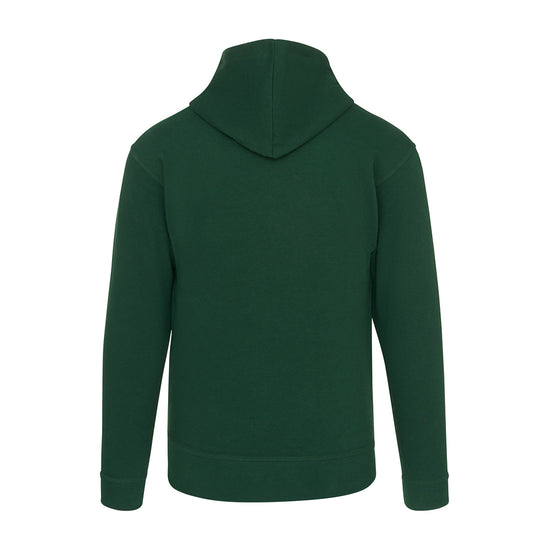 Back of Orn Workwear Owl Hoodie with front pocket in bottle green.