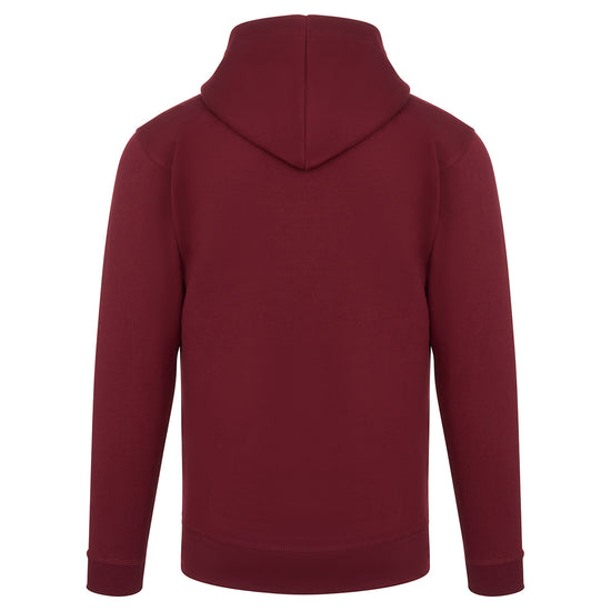 Back of Orn Workwear Owl Hoodie with front pocket in burgundy.