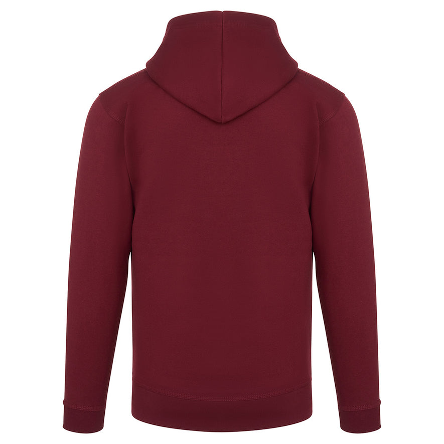 Back of Orn Workwear Owl Hoodie with front pocket in burgundy.