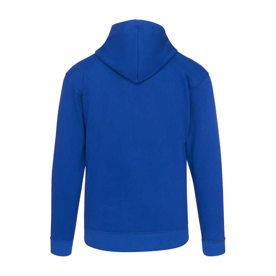 Back of Orn Workwear Owl Hoodie with front pocket in bottle royal blue.
