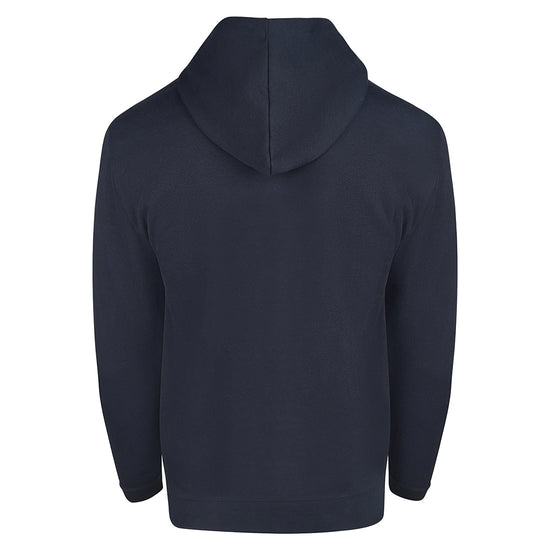 Back of ORN Workwear Macaw Zipped up Hoodie with two front pockets in navy.