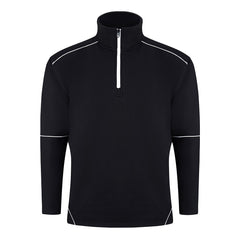 ORN Workwear Fireback 1/4 Zip Sweatshirt in black with a zip neck close and white stitching for contrast through out.