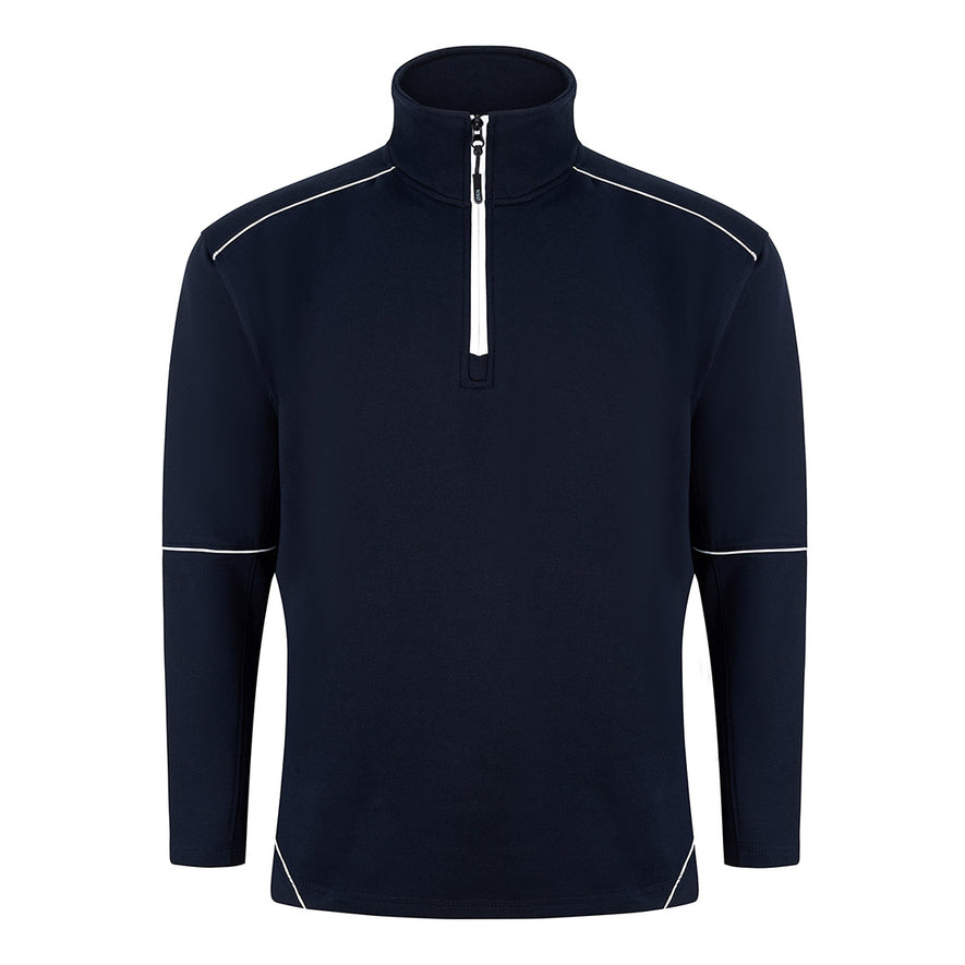 ORN Workwear Fireback 1/4 Zip Sweatshirt in Navy with a zip neck close and white stitching for contrast through out.