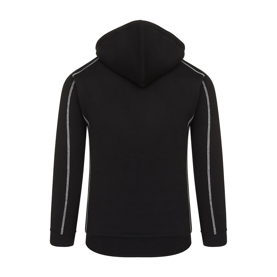 Back of ORN Workwear Crane Fur-Lined Hoodiein black with fur lined hood two front pockets and white stitching for contrast.