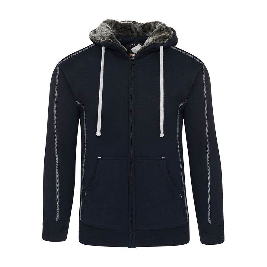 ORN Workwear Crane Fur-Lined Hoodiein Navy with full zip fasten, fur lined hood two front pockets and white stitching for contrast.