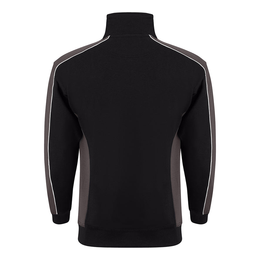 Back of ORN Workwear Avocet 1/4 Zip Sweatshirt in black with graphite grey contrast on the arms and sides with white stitching for contrast through out.
